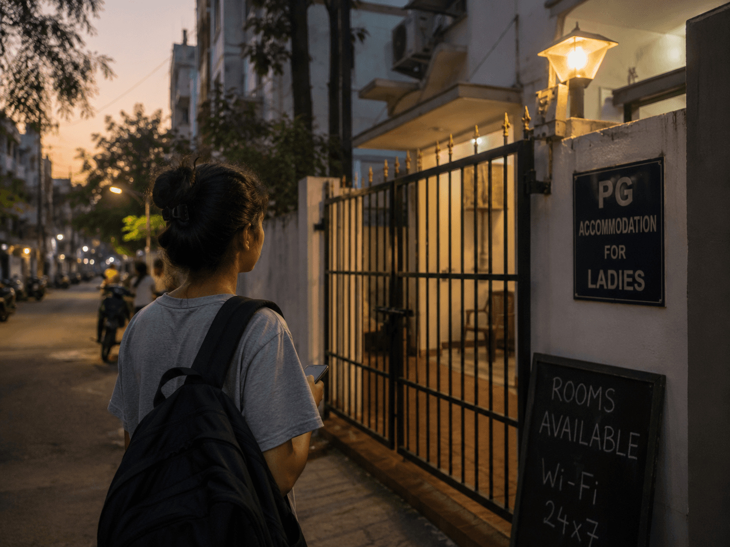 A young woman with a backpack at the gate of a ladies’ PG at dusk
